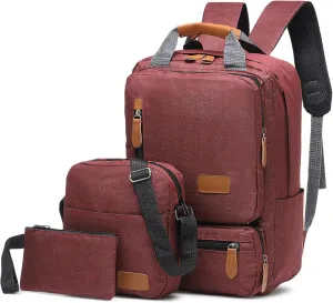 Laptop Backpack, Crossbody Bag, Handbag, Backpack Set - 3-in-1 Combo, Oxford Cloth Water Resistant for Men Women for Travel Work Study Daily Use, Burgundy Red