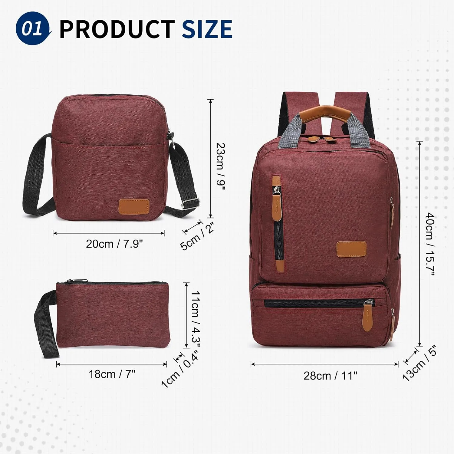 Laptop Backpack, Crossbody Bag, Handbag, Backpack Set - 3-in-1 Combo, Oxford Cloth Water Resistant for Men Women for Travel Work Study Daily Use, Burgundy Red