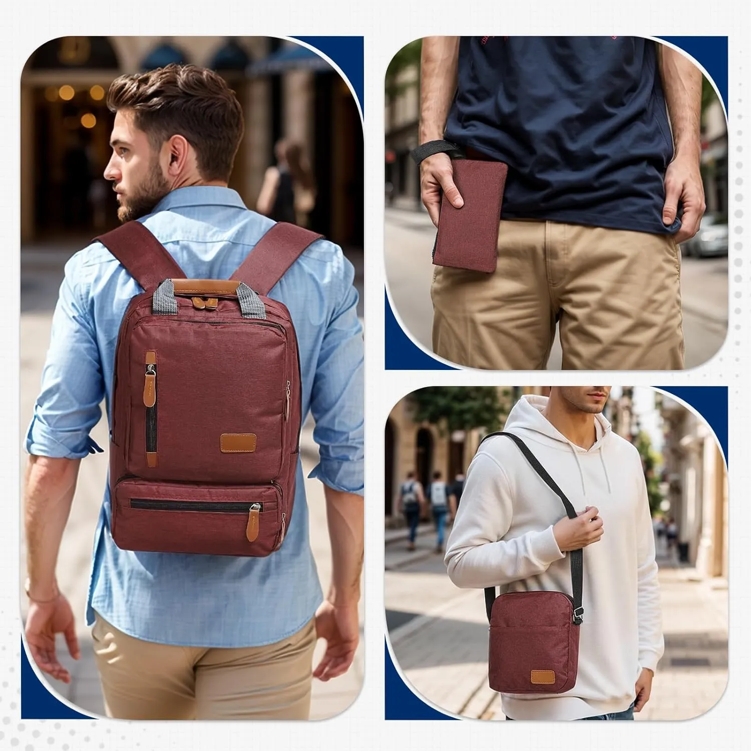 Laptop Backpack, Crossbody Bag, Handbag, Backpack Set - 3-in-1 Combo, Oxford Cloth Water Resistant for Men Women for Travel Work Study Daily Use, Burgundy Red