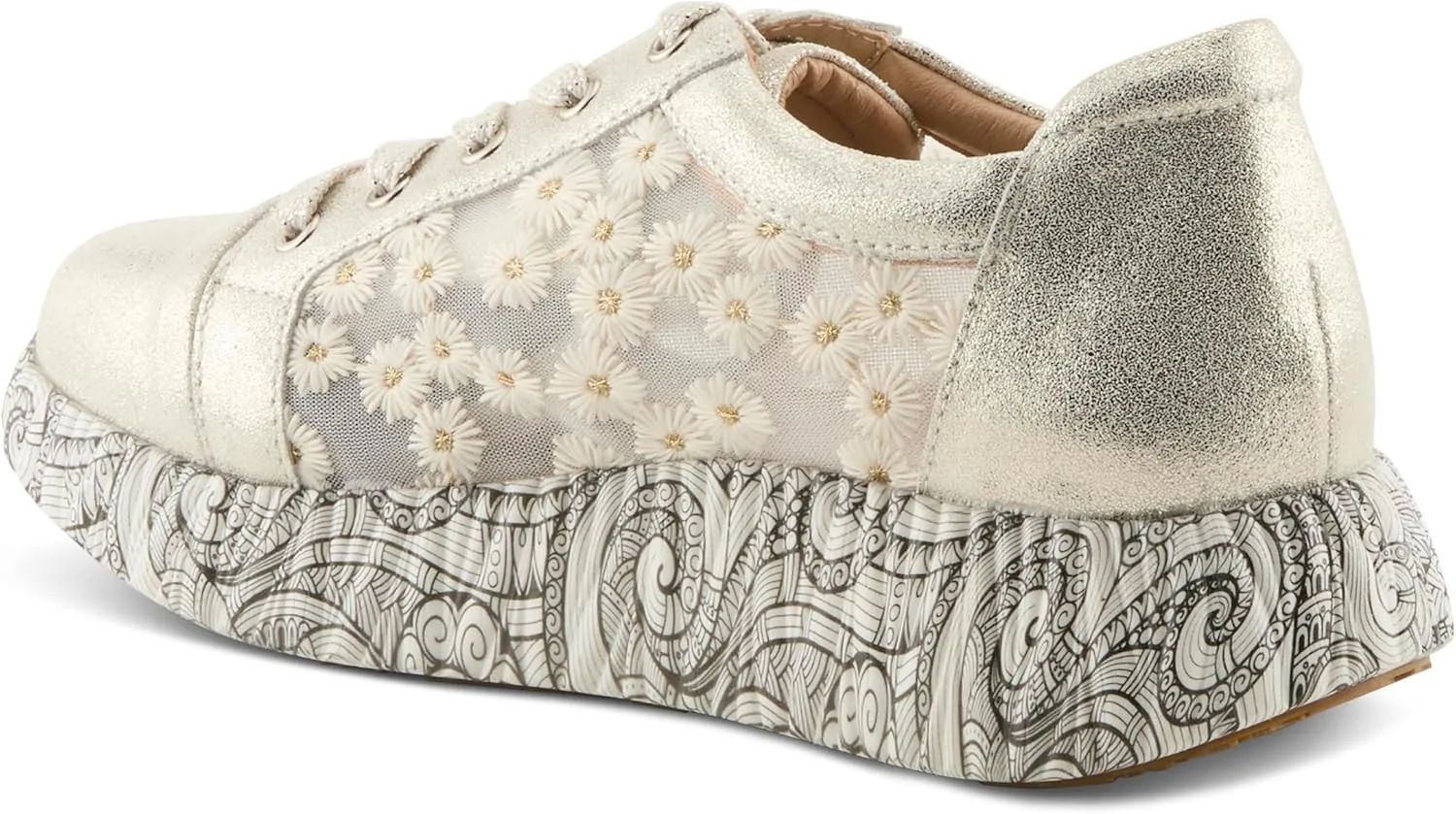 L'Artiste Women's SNEAKHEART Lace-Up Sneakers – Metallic Floral Embroidery, Breathable Mesh, Removable Insole, Street-Chic Design