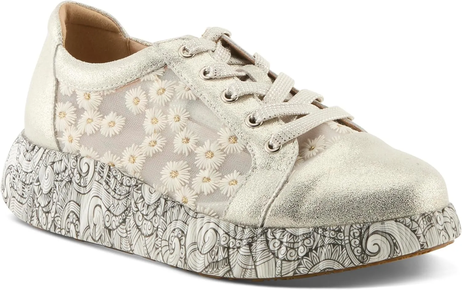 L'Artiste Women's SNEAKHEART Lace-Up Sneakers – Metallic Floral Embroidery, Breathable Mesh, Removable Insole, Street-Chic Design