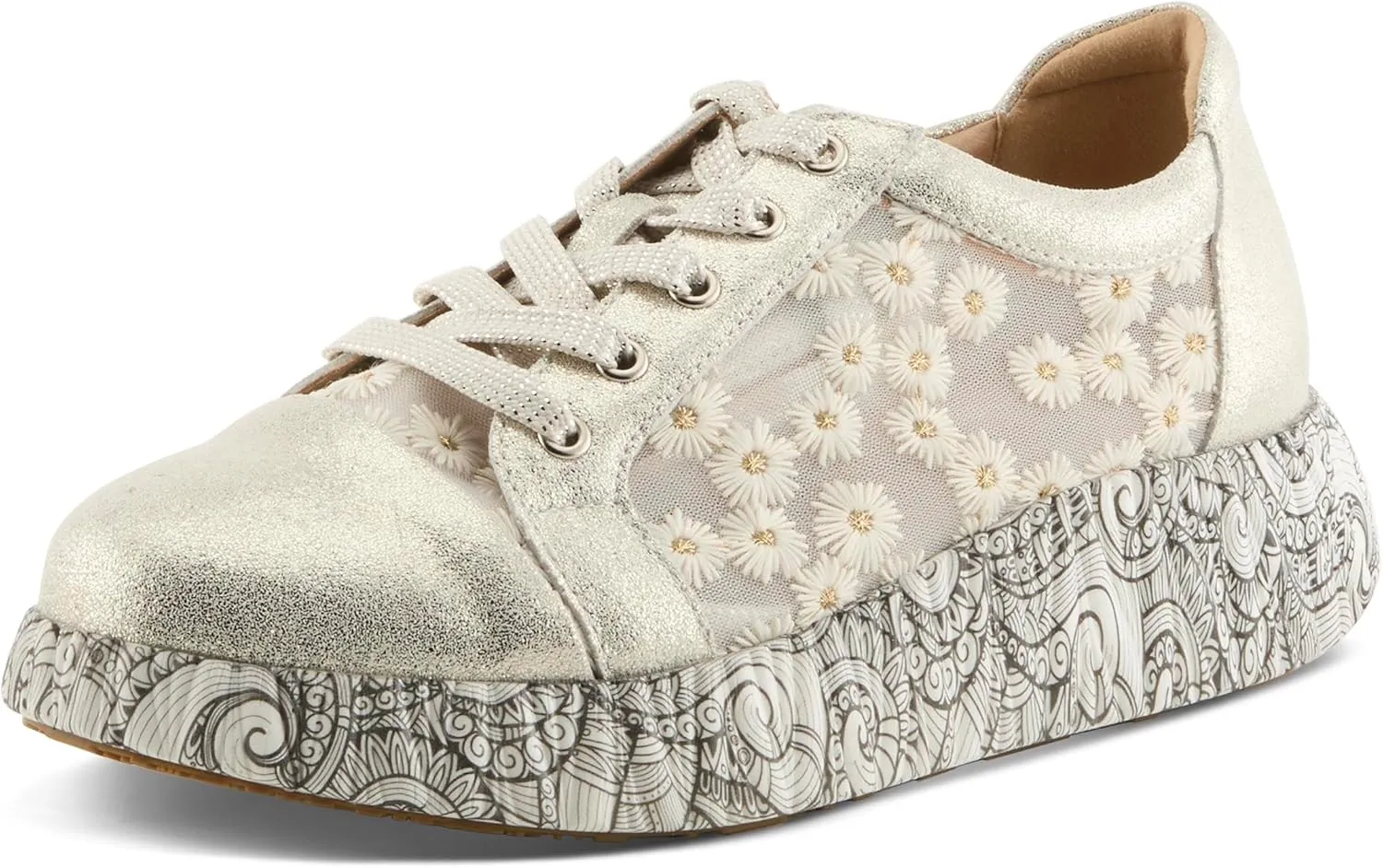 L'Artiste Women's SNEAKHEART Lace-Up Sneakers – Metallic Floral Embroidery, Breathable Mesh, Removable Insole, Street-Chic Design