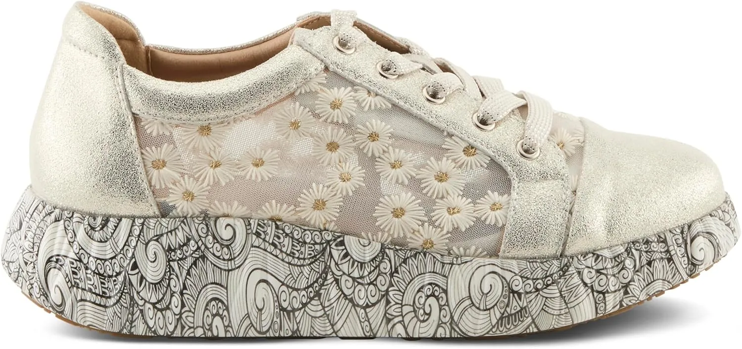 L'Artiste Women's SNEAKHEART Lace-Up Sneakers – Metallic Floral Embroidery, Breathable Mesh, Removable Insole, Street-Chic Design