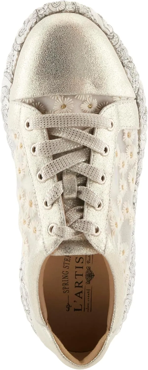 L'Artiste Women's SNEAKHEART Lace-Up Sneakers – Metallic Floral Embroidery, Breathable Mesh, Removable Insole, Street-Chic Design