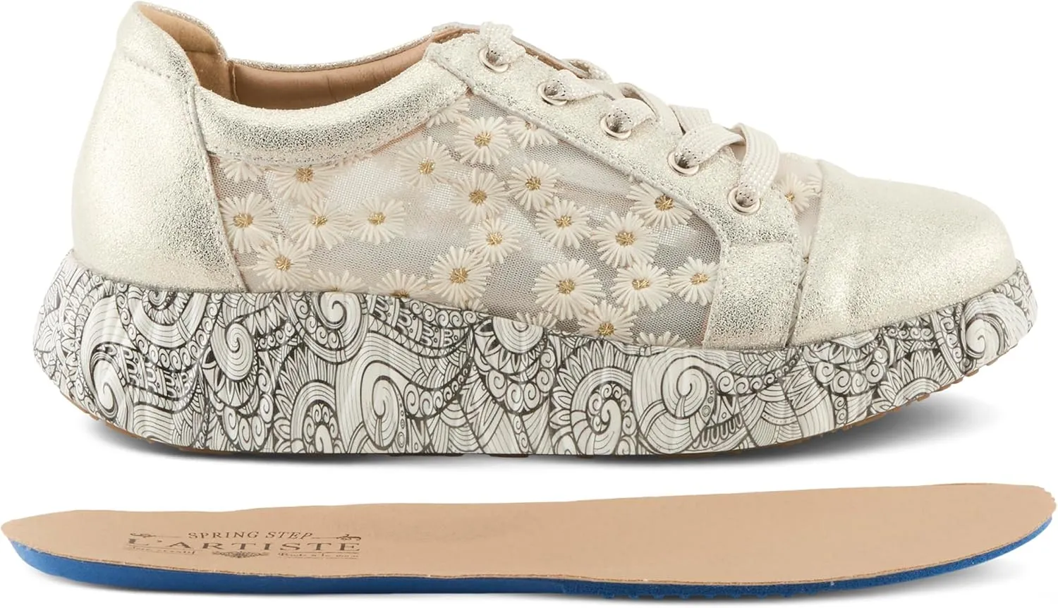 L'Artiste Women's SNEAKHEART Lace-Up Sneakers – Metallic Floral Embroidery, Breathable Mesh, Removable Insole, Street-Chic Design