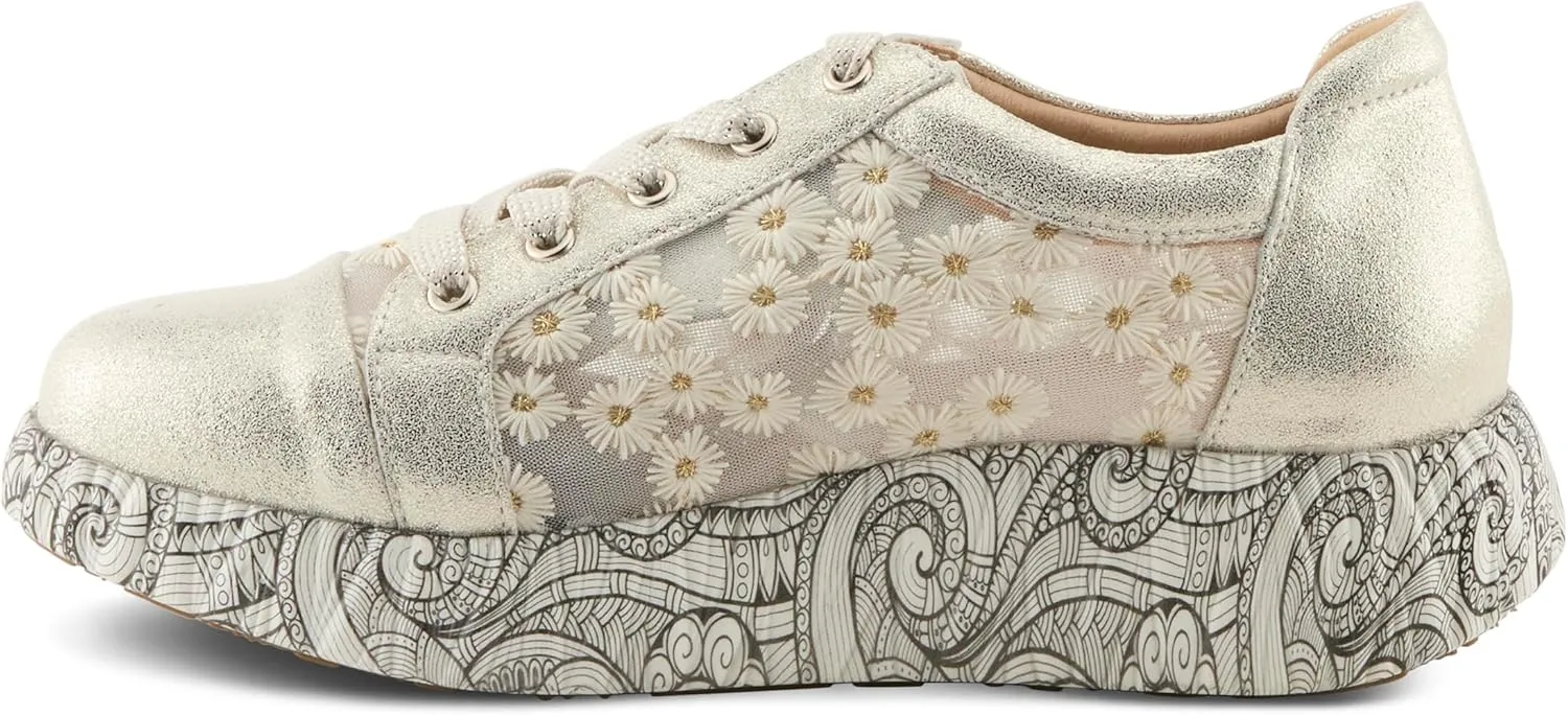 L'Artiste Women's SNEAKHEART Lace-Up Sneakers – Metallic Floral Embroidery, Breathable Mesh, Removable Insole, Street-Chic Design