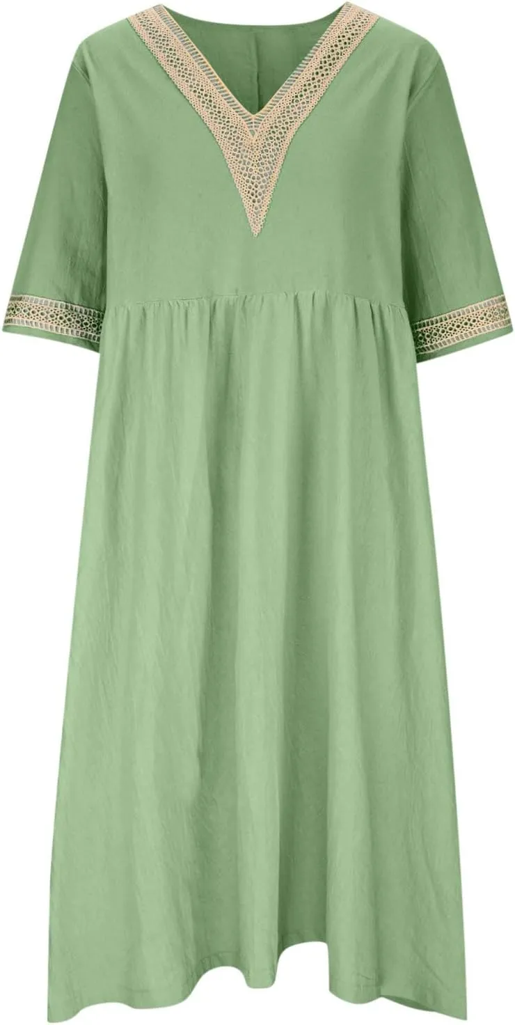 Lastesso Dresses for Women 2024 Trendy Lace V Neck Short Sleeve Summer Relaxed Size Sundresses Casual Boho Beach Maxi Dress