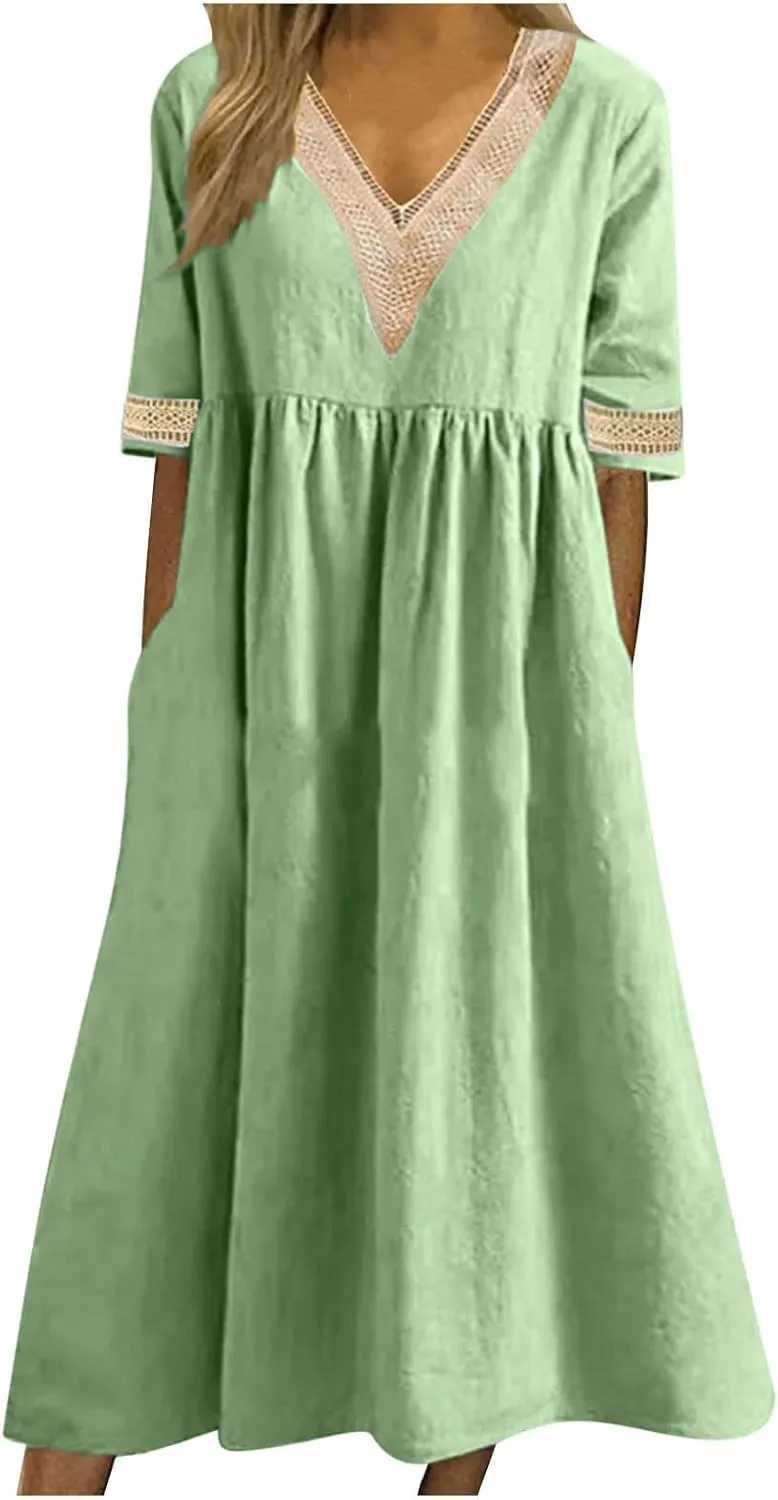 Lastesso Dresses for Women 2024 Trendy Lace V Neck Short Sleeve Summer Relaxed Size Sundresses Casual Boho Beach Maxi Dress