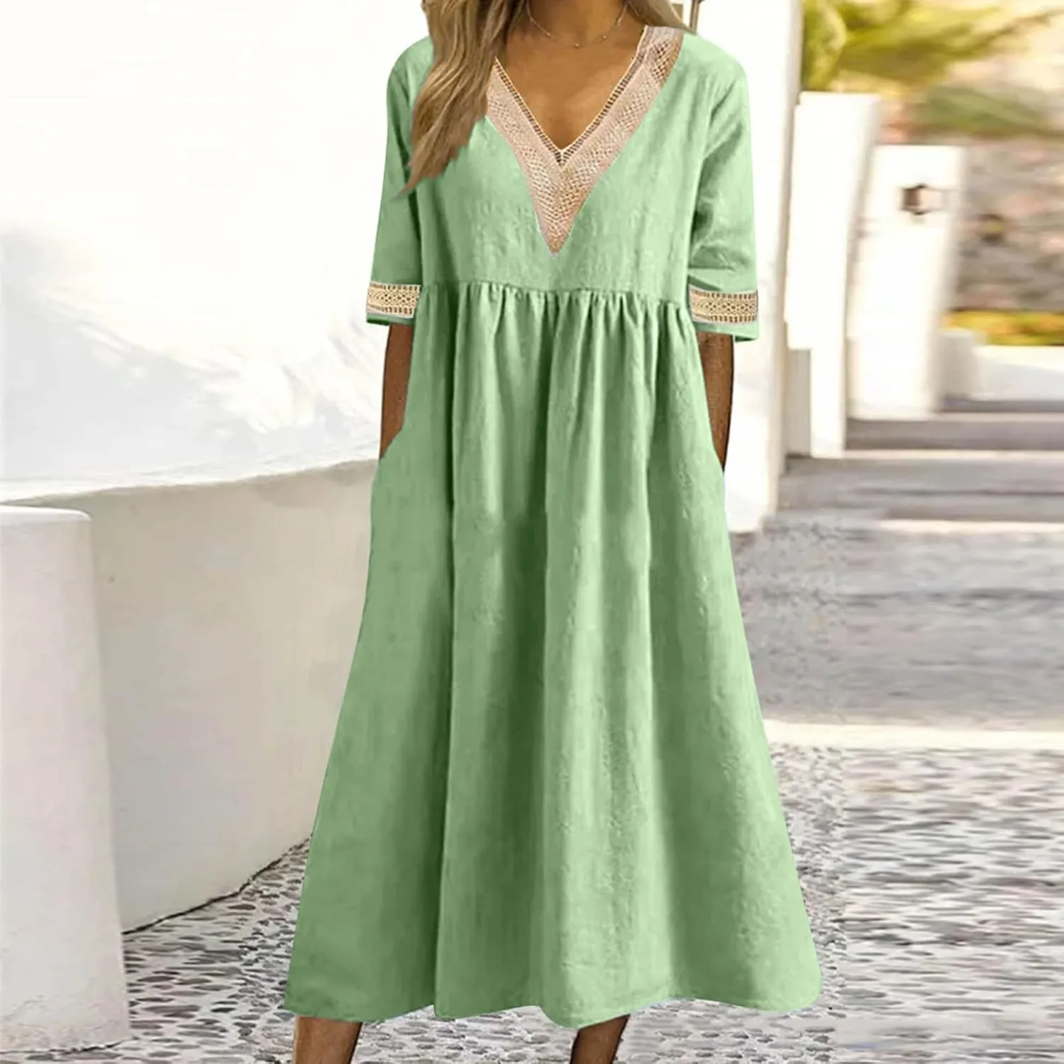 Lastesso Dresses for Women 2024 Trendy Lace V Neck Short Sleeve Summer Relaxed Size Sundresses Casual Boho Beach Maxi Dress