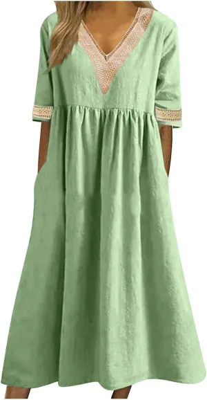 Lastesso Dresses for Women 2024 Trendy Lace V Neck Short Sleeve Summer Relaxed Size Sundresses Casual Boho Beach Maxi Dress