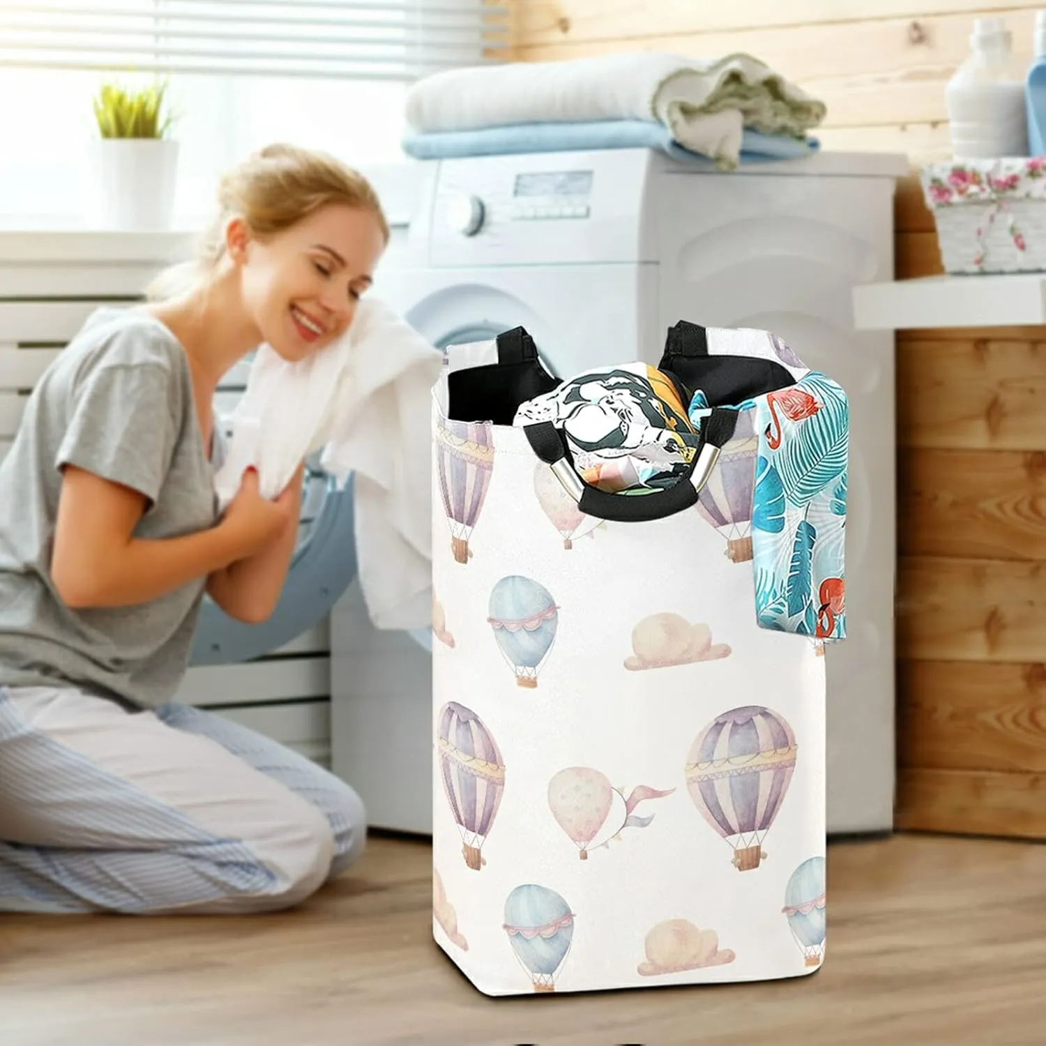 Laundry Hamper with Handle Watercolor Hot Air Balloon Laundry Baskets Foldable Dirty Clothes Basket Large Storage Laundry Organizer