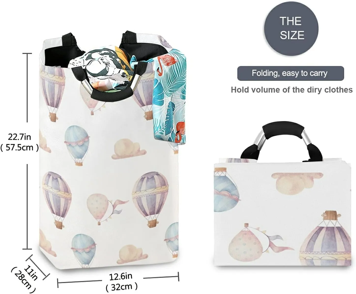 Laundry Hamper with Handle Watercolor Hot Air Balloon Laundry Baskets Foldable Dirty Clothes Basket Large Storage Laundry Organizer