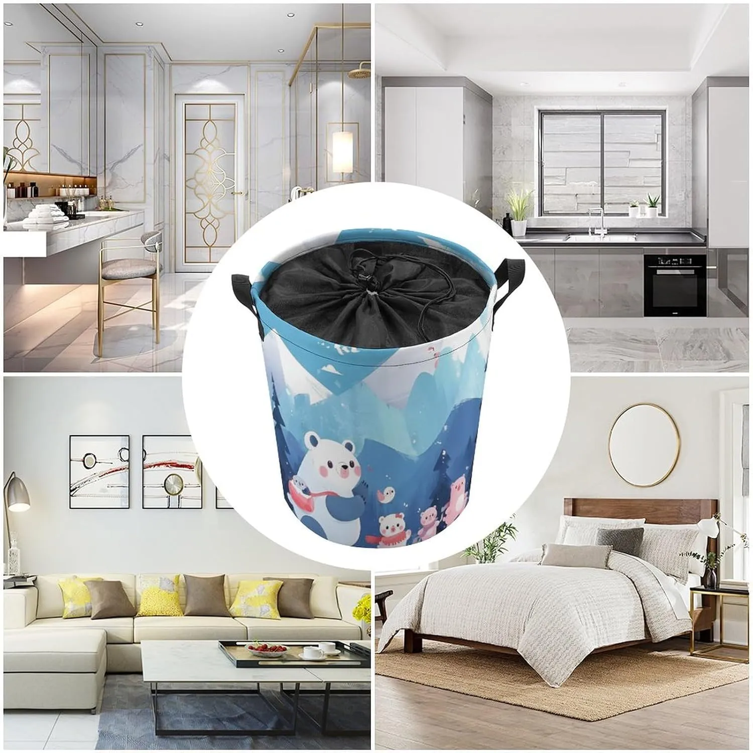 Laundry Hampers, Large Drawstring Laundry Bag, Removable Laundry Bags, Collapsible Storage Bin with Handles for Home Organization, Kids Room, Nursery Art