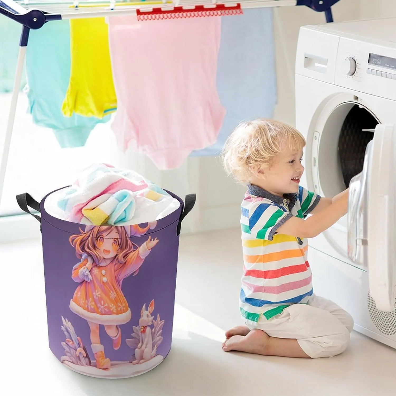 Laundry Hampers, Large Drawstring Laundry Bag, Removable Laundry Bags, Collapsible Storage Bin with Handles for Home Organization, Kids Room, Nursery Art