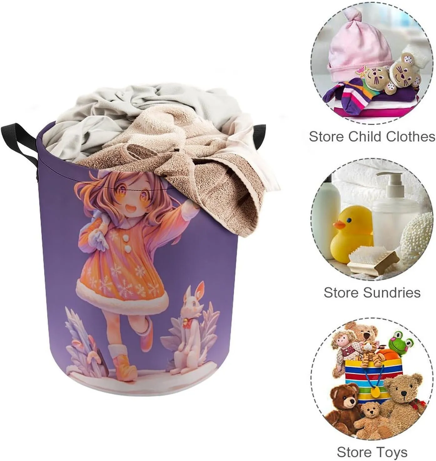 Laundry Hampers, Large Drawstring Laundry Bag, Removable Laundry Bags, Collapsible Storage Bin with Handles for Home Organization, Kids Room, Nursery Art