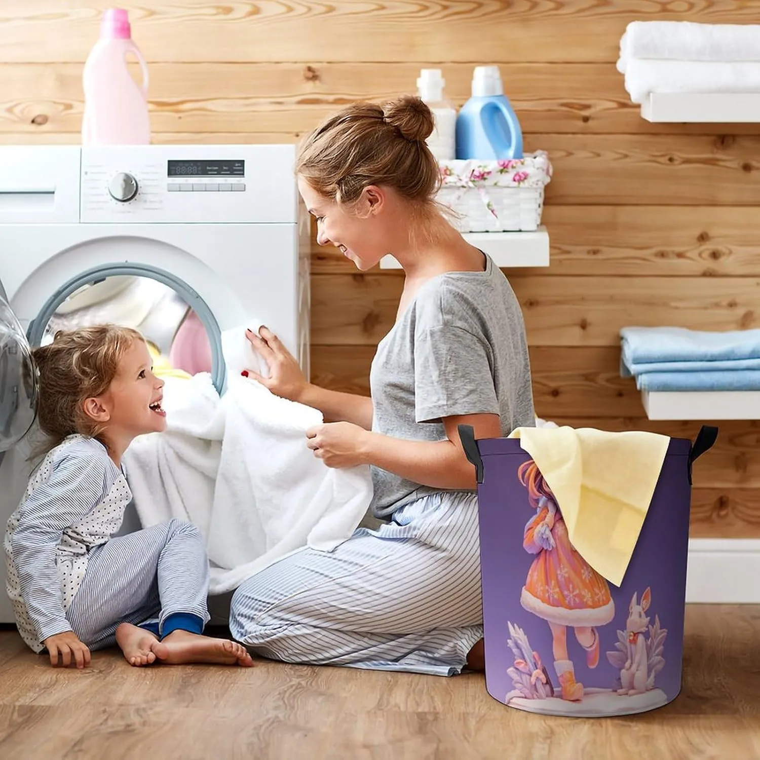 Laundry Hampers, Large Drawstring Laundry Bag, Removable Laundry Bags, Collapsible Storage Bin with Handles for Home Organization, Kids Room, Nursery Art