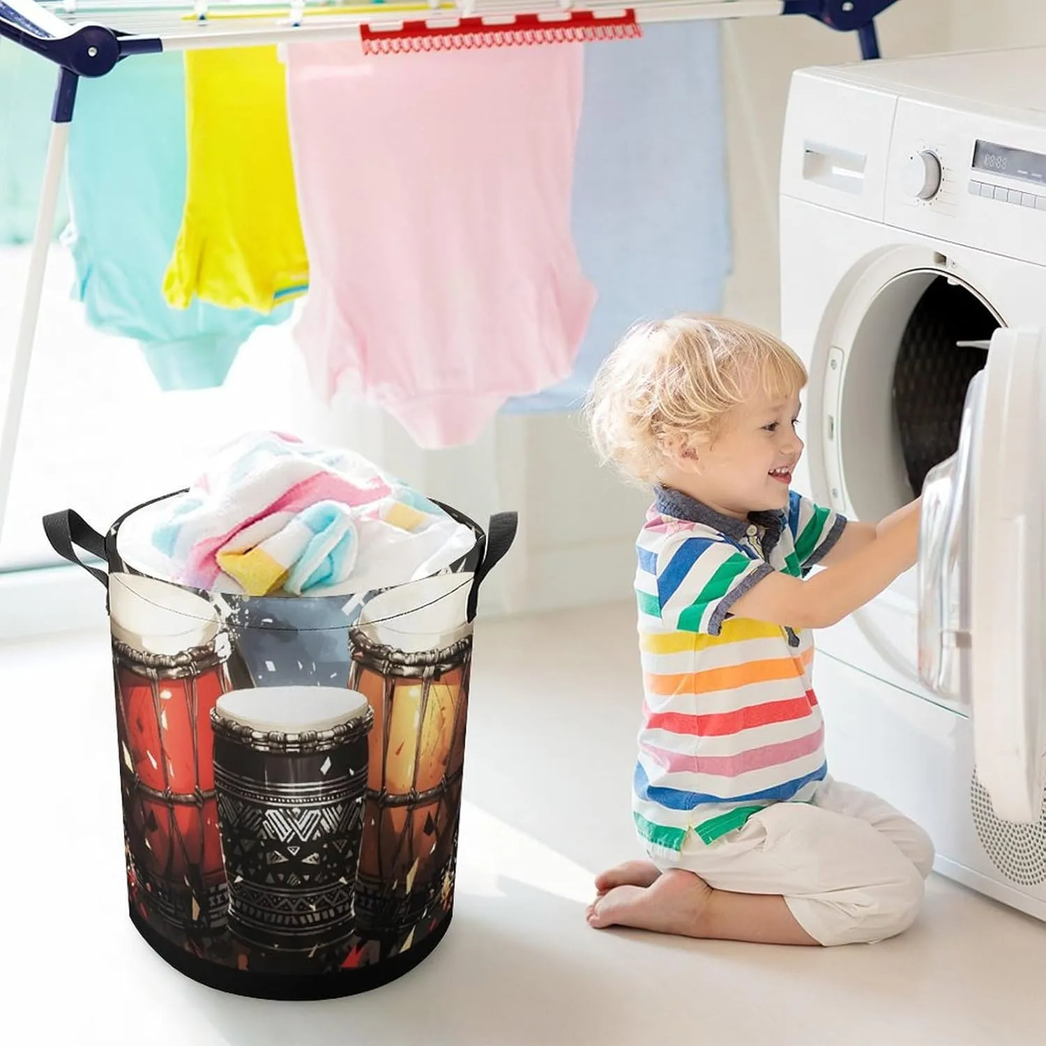 Laundry Hampers, Large Drawstring Laundry Bag, Removable Laundry Bags, Collapsible Storage Bin with Handles for Home Organization, Kids Room, Nursery Drum
