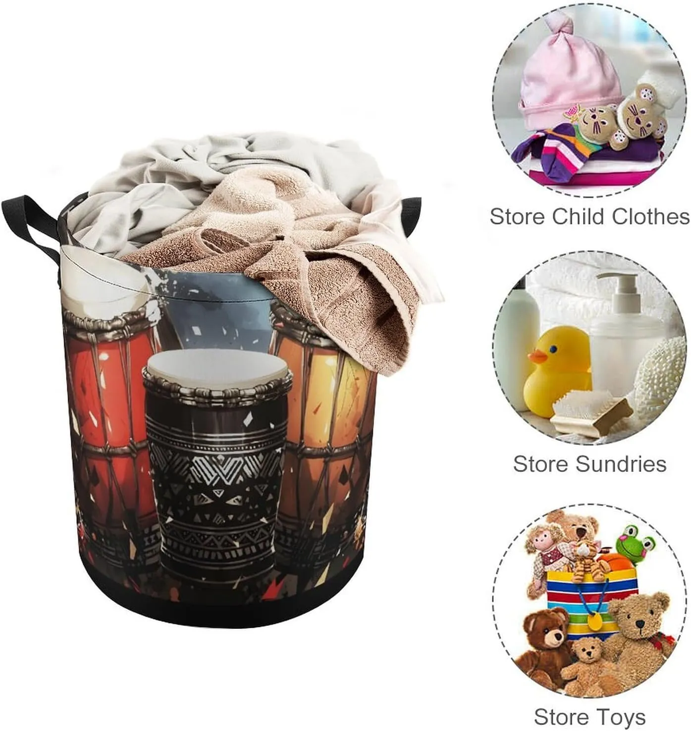 Laundry Hampers, Large Drawstring Laundry Bag, Removable Laundry Bags, Collapsible Storage Bin with Handles for Home Organization, Kids Room, Nursery Drum