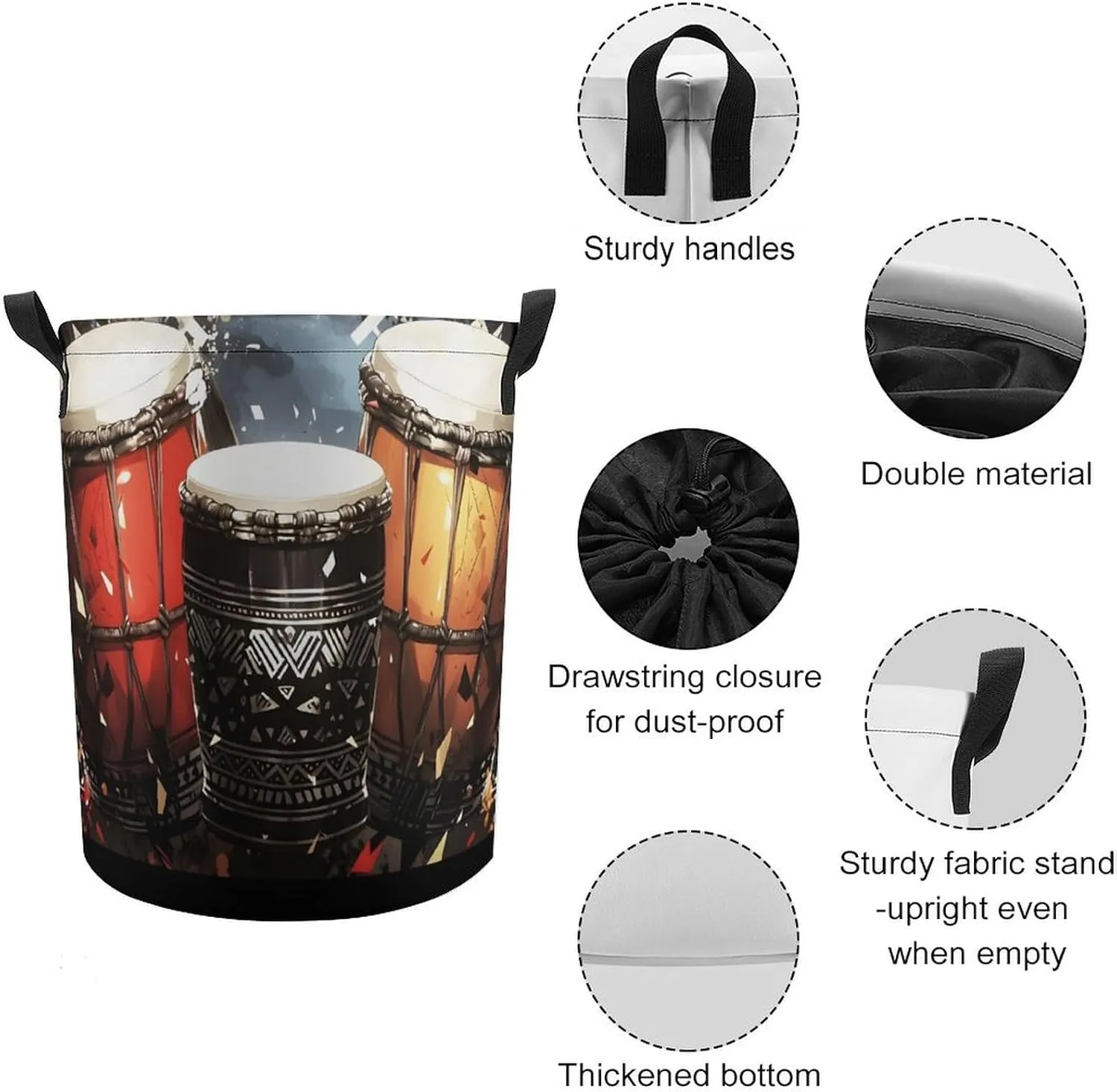 Laundry Hampers, Large Drawstring Laundry Bag, Removable Laundry Bags, Collapsible Storage Bin with Handles for Home Organization, Kids Room, Nursery Drum
