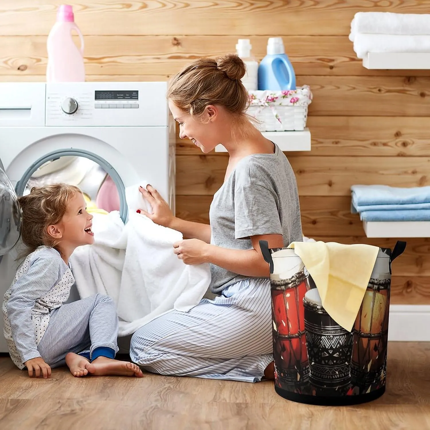 Laundry Hampers, Large Drawstring Laundry Bag, Removable Laundry Bags, Collapsible Storage Bin with Handles for Home Organization, Kids Room, Nursery Drum