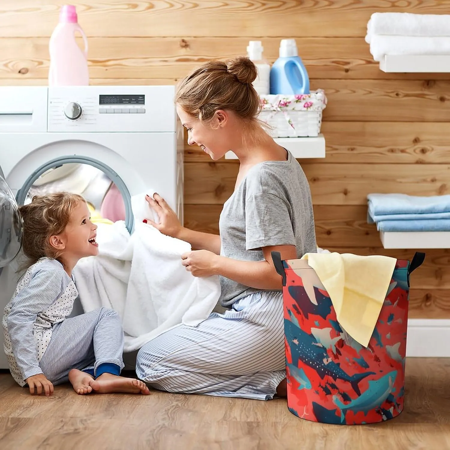 Laundry Hampers, Large Drawstring Laundry Bag, Removable Laundry Bags, Collapsible Storage Bin with Handles for Home Organization, Kids Room, Nursery Fish