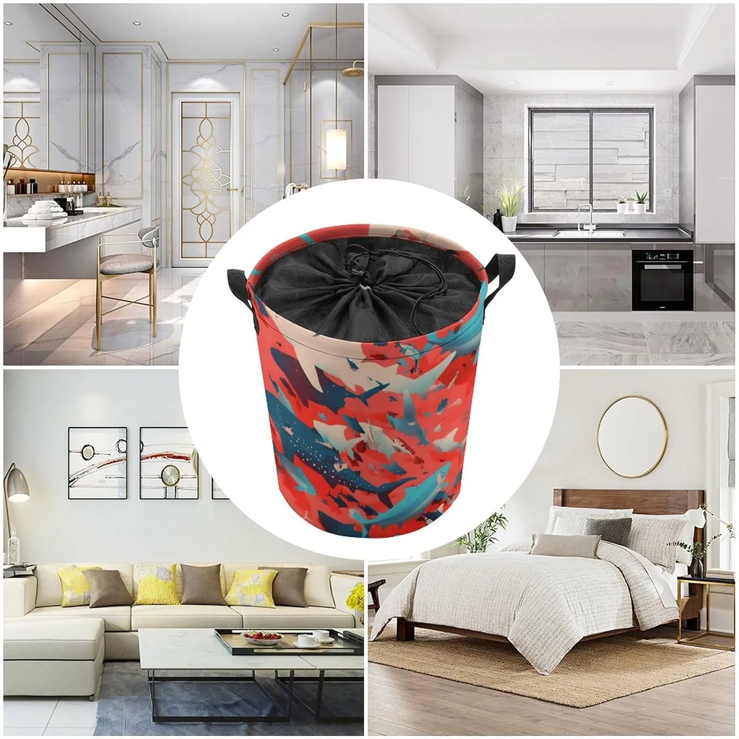 Laundry Hampers, Large Drawstring Laundry Bag, Removable Laundry Bags, Collapsible Storage Bin with Handles for Home Organization, Kids Room, Nursery Fish