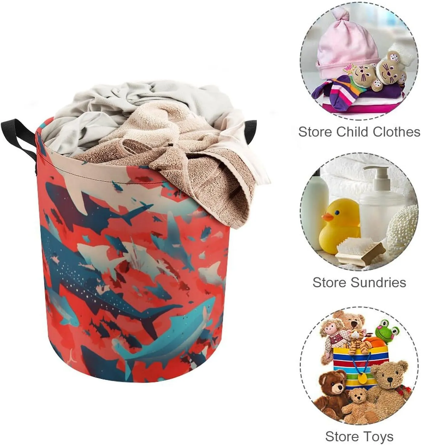 Laundry Hampers, Large Drawstring Laundry Bag, Removable Laundry Bags, Collapsible Storage Bin with Handles for Home Organization, Kids Room, Nursery Fish