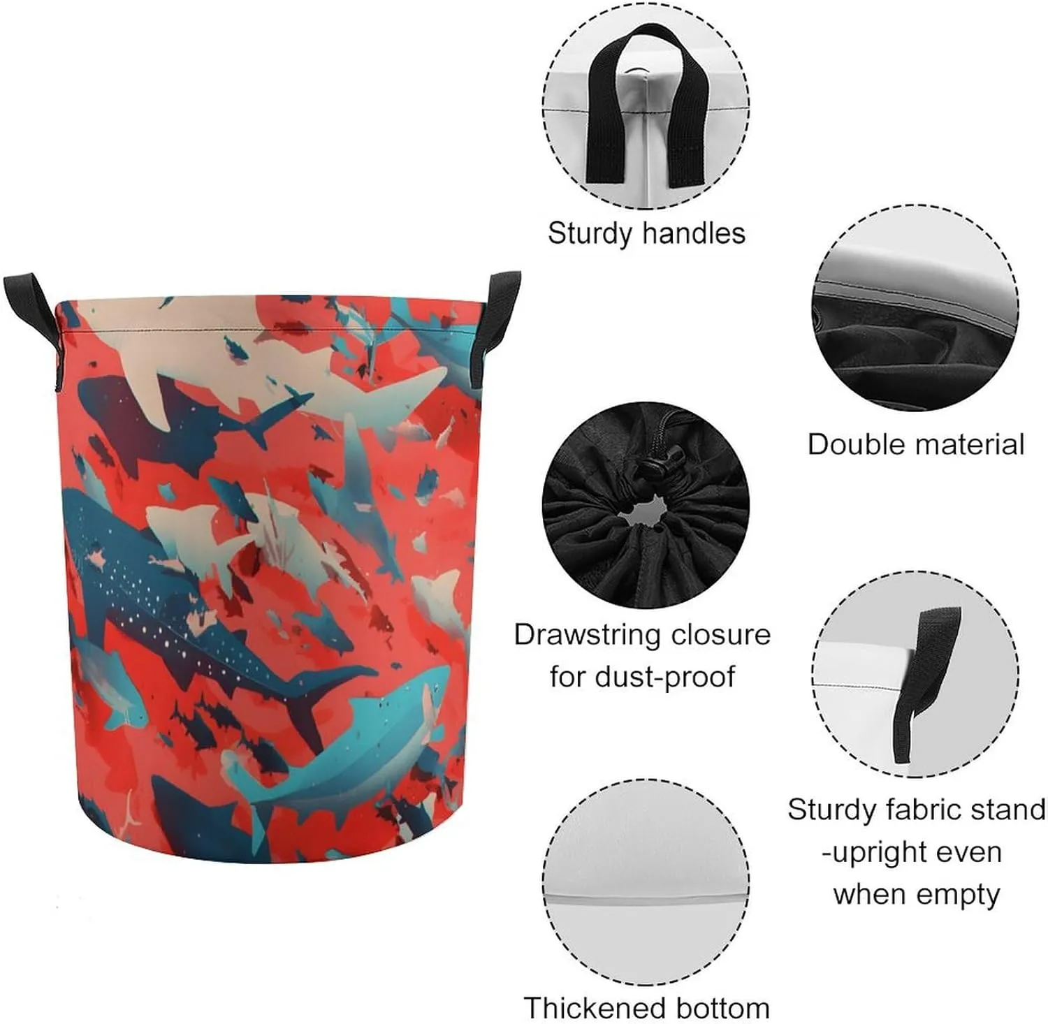Laundry Hampers, Large Drawstring Laundry Bag, Removable Laundry Bags, Collapsible Storage Bin with Handles for Home Organization, Kids Room, Nursery Fish