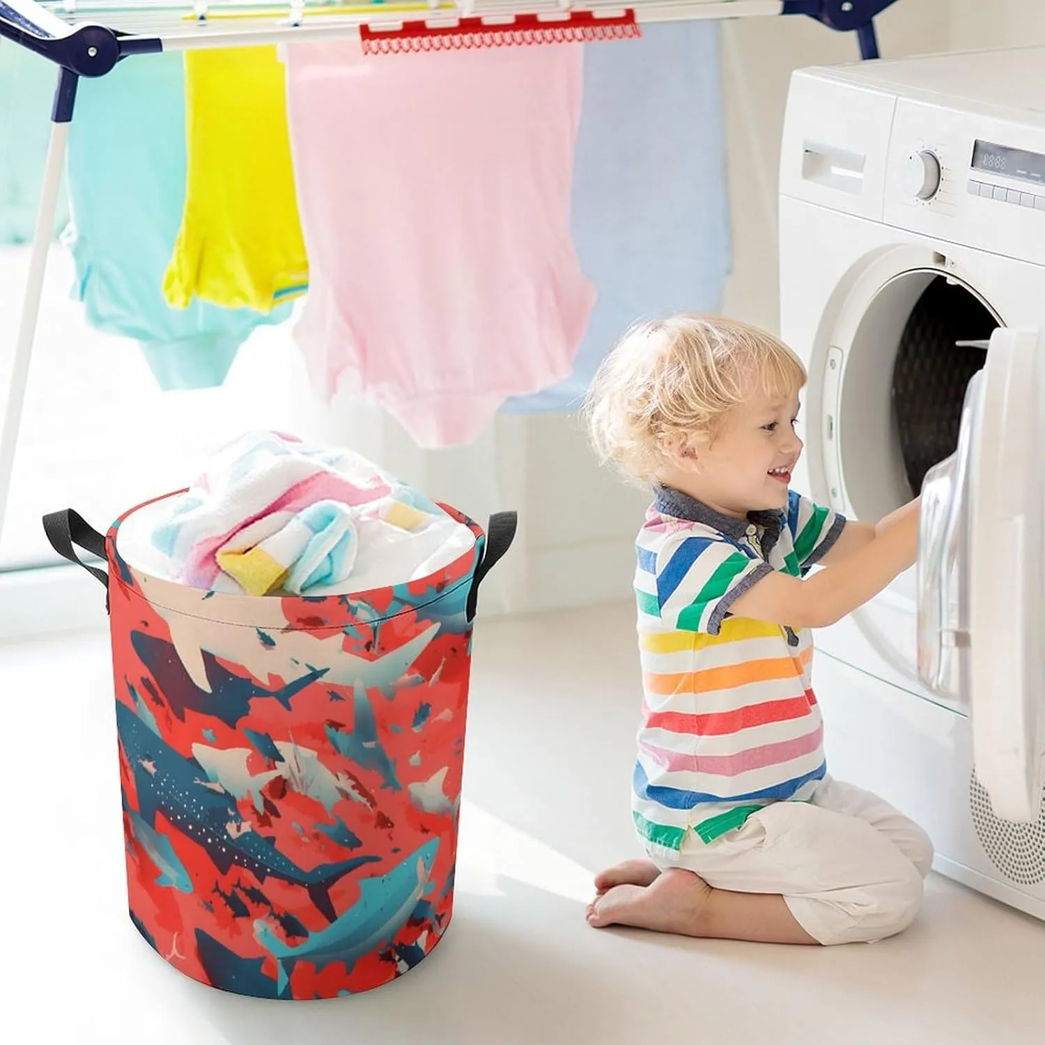 Laundry Hampers, Large Drawstring Laundry Bag, Removable Laundry Bags, Collapsible Storage Bin with Handles for Home Organization, Kids Room, Nursery Fish