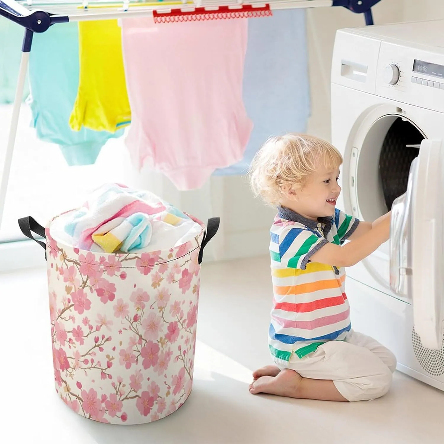 Laundry Hampers, Large Drawstring Laundry Bag, Removable Laundry Bags, Collapsible Storage Bin with Handles for Home Organization, Kids Room, Nursery Leaf