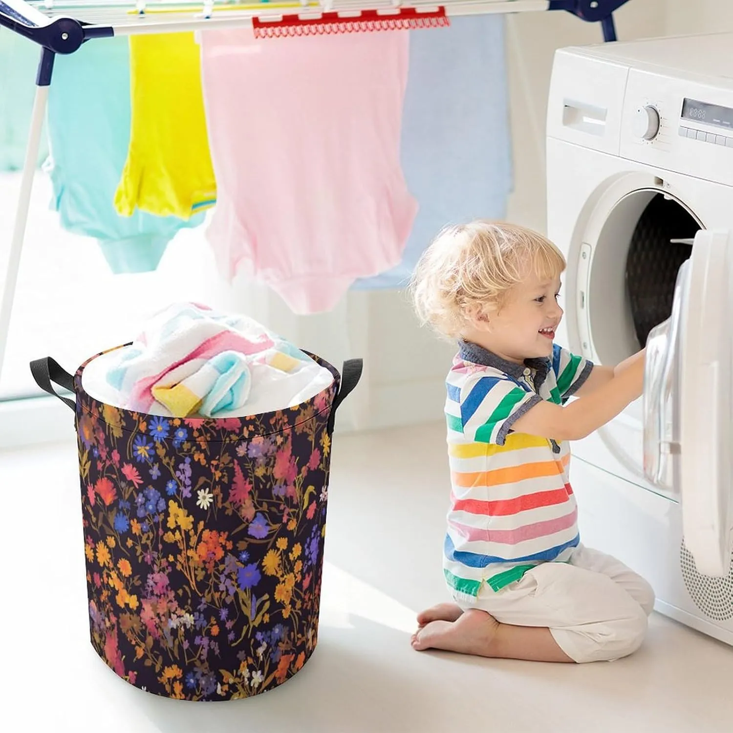 Laundry Hampers, Large Drawstring Laundry Bag, Removable Laundry Bags, Collapsible Storage Bin with Handles for Home Organization, Kids Room, Nursery Purple