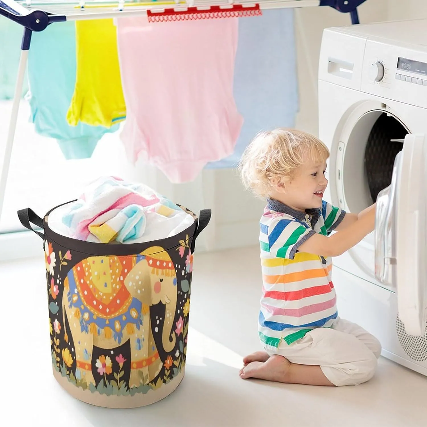Laundry Hampers, Large Drawstring Laundry Bag, Removable Laundry Bags, Collapsible Storage Bin with Handles for Home Organization, Kids Room, Nursery Vertebrate