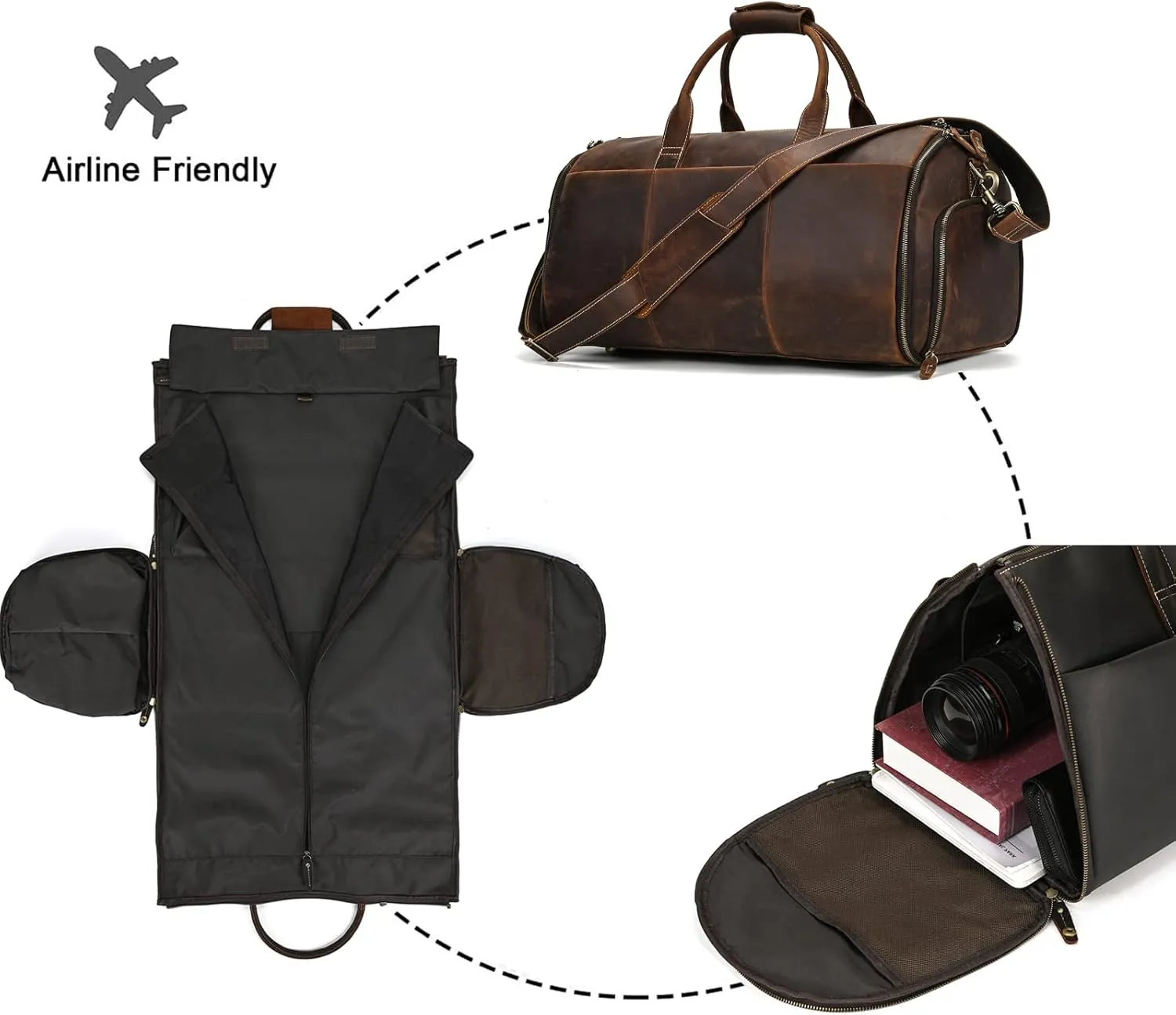 Leather Garment Bag for Men, Convertible Carry on Garment Duffel Bag for Travel Weekender Bag 2 in 1 Hanging Suitcase Suit Bag, 2201 Brown