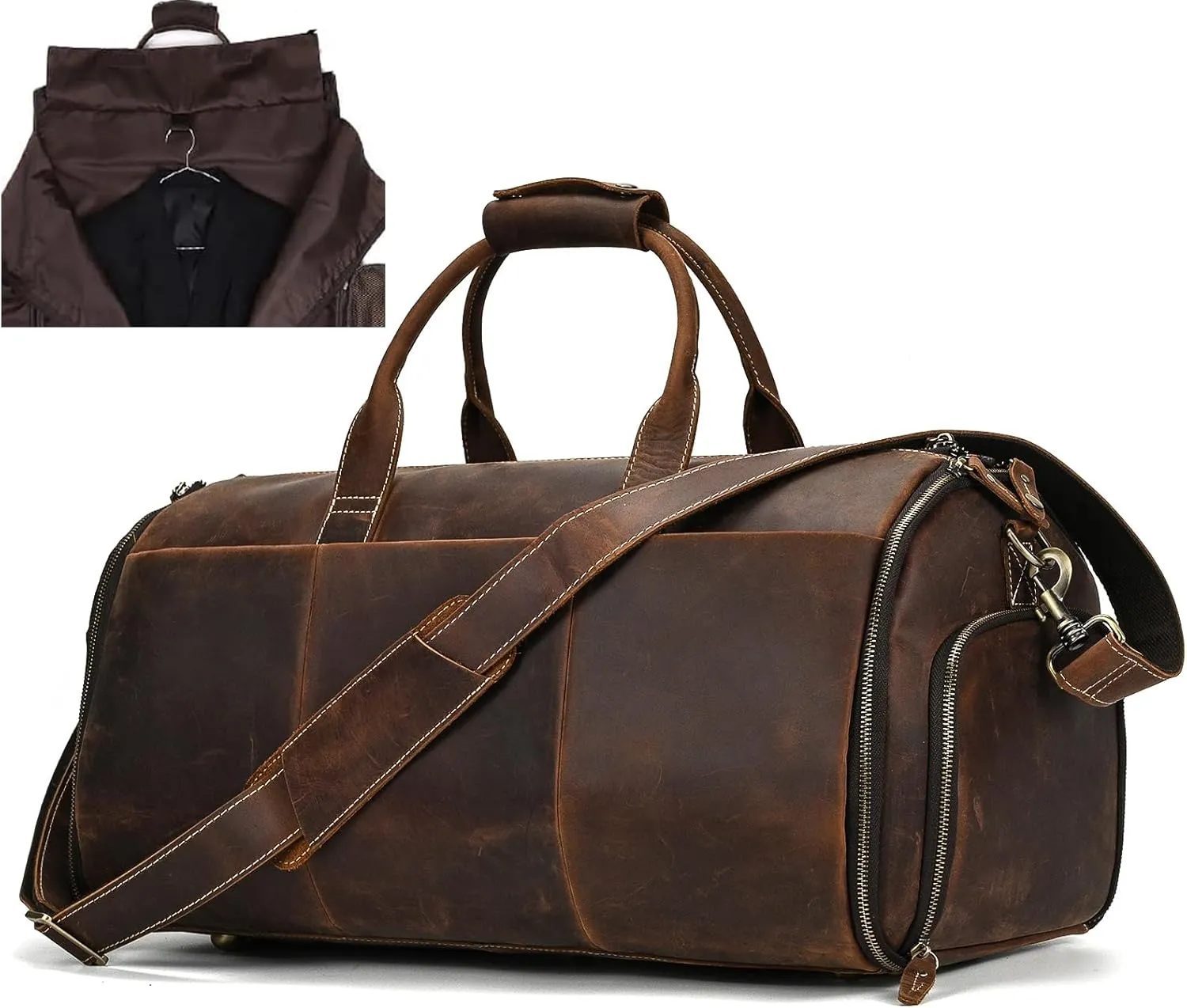 Leather Garment Bag for Men, Convertible Carry on Garment Duffel Bag for Travel Weekender Bag 2 in 1 Hanging Suitcase Suit Bag, 2201 Brown