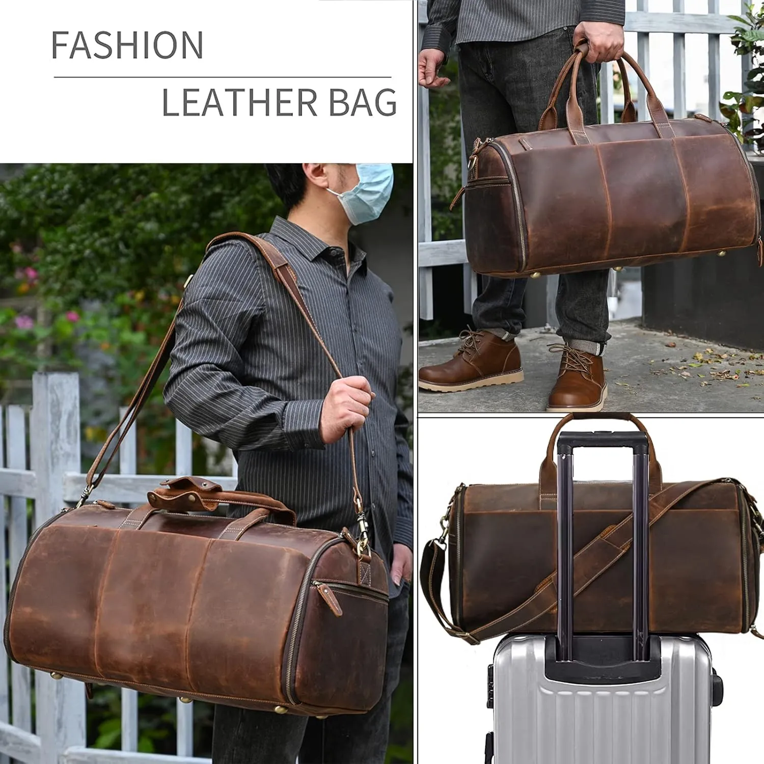 Leather Garment Bag for Men, Convertible Carry on Garment Duffel Bag for Travel Weekender Bag 2 in 1 Hanging Suitcase Suit Bag, 2201 Brown