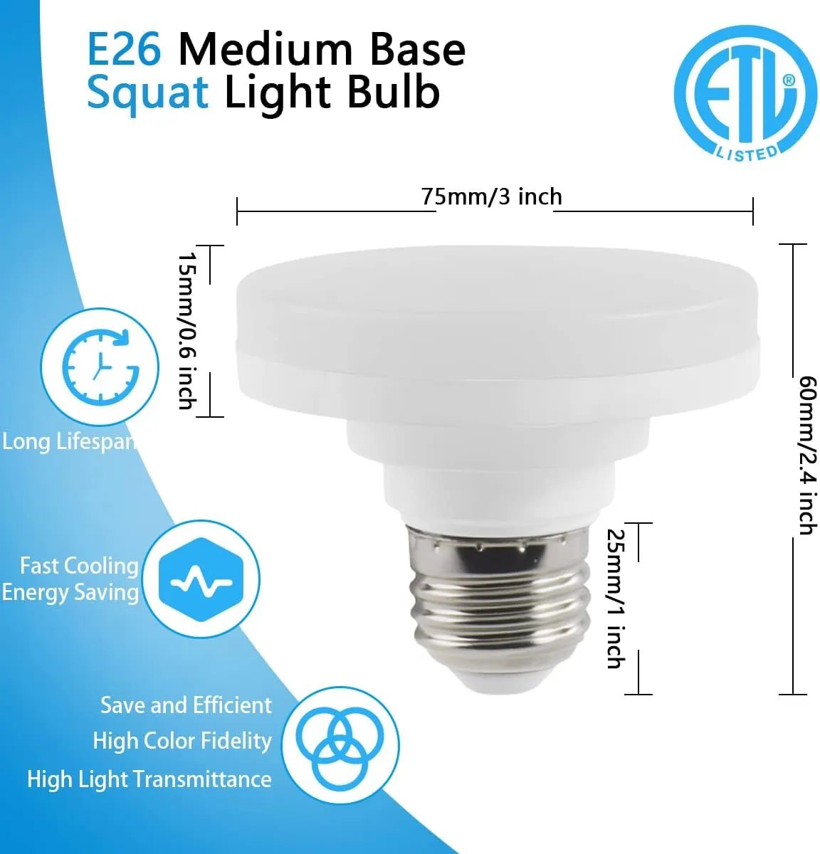 LED Puck Light Bulb with E26 Screw, Mini Flat Light Bulb, 10W Equivalent CFL 75W, Dimmable, 1100LM, 3000K, E26 Medium Base, ETL Listed, Low Profile Squat Bulbs for Home Fixture. (3000K, 2 Pack)