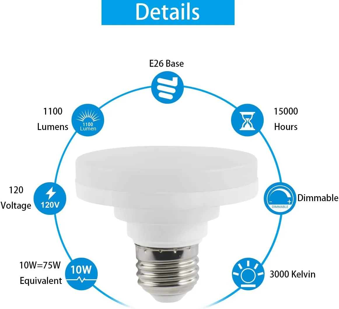 LED Puck Light Bulb with E26 Screw, Mini Flat Light Bulb, 10W Equivalent CFL 75W, Dimmable, 1100LM, 3000K, E26 Medium Base, ETL Listed, Low Profile Squat Bulbs for Home Fixture. (3000K, 2 Pack)