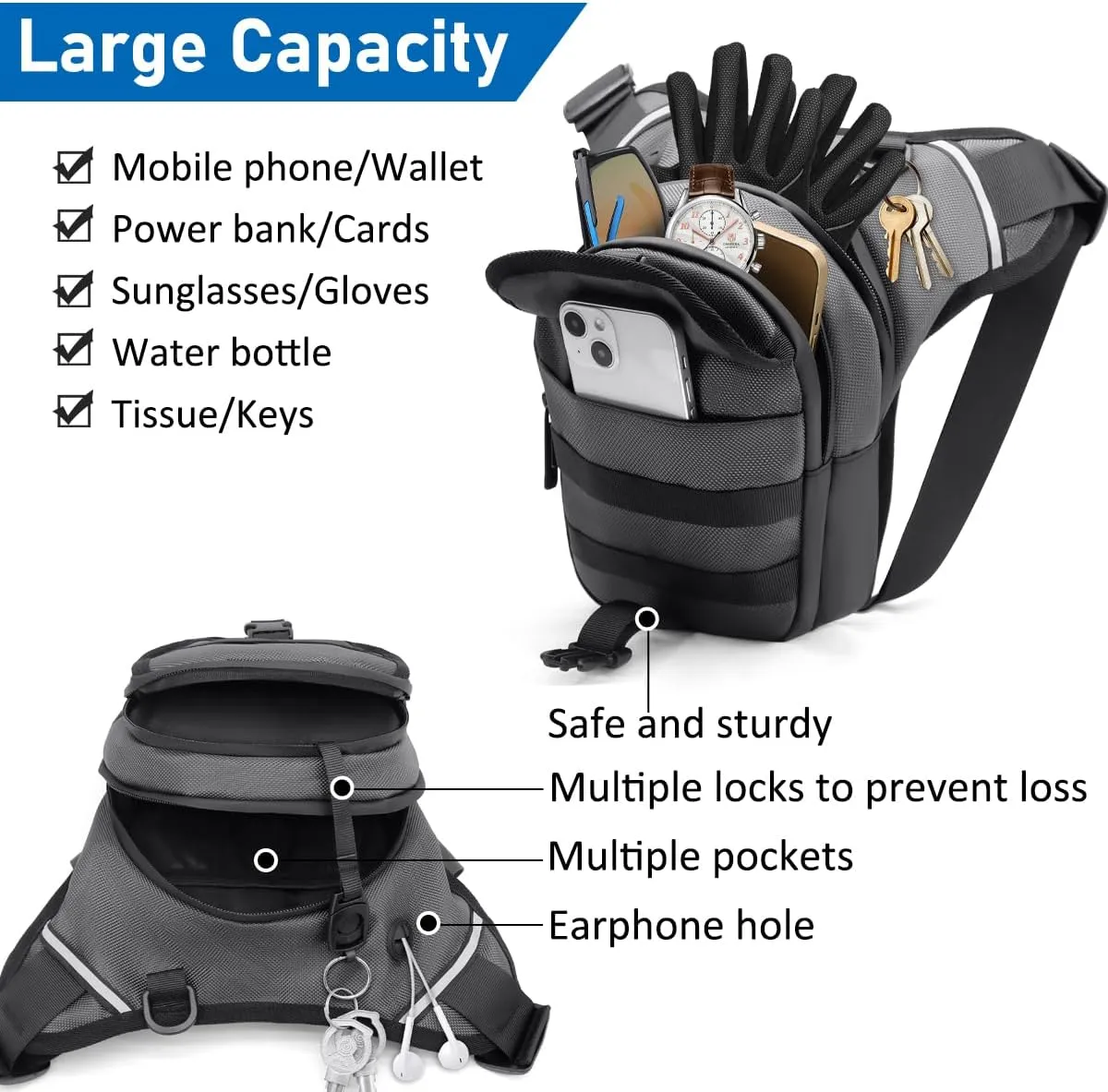 Leg Bag for Men and Women Motorcycle Waist Thigh Bag Bicycle Leg Pack Tactical Military Drop Leg Pack Pouch (Grey)