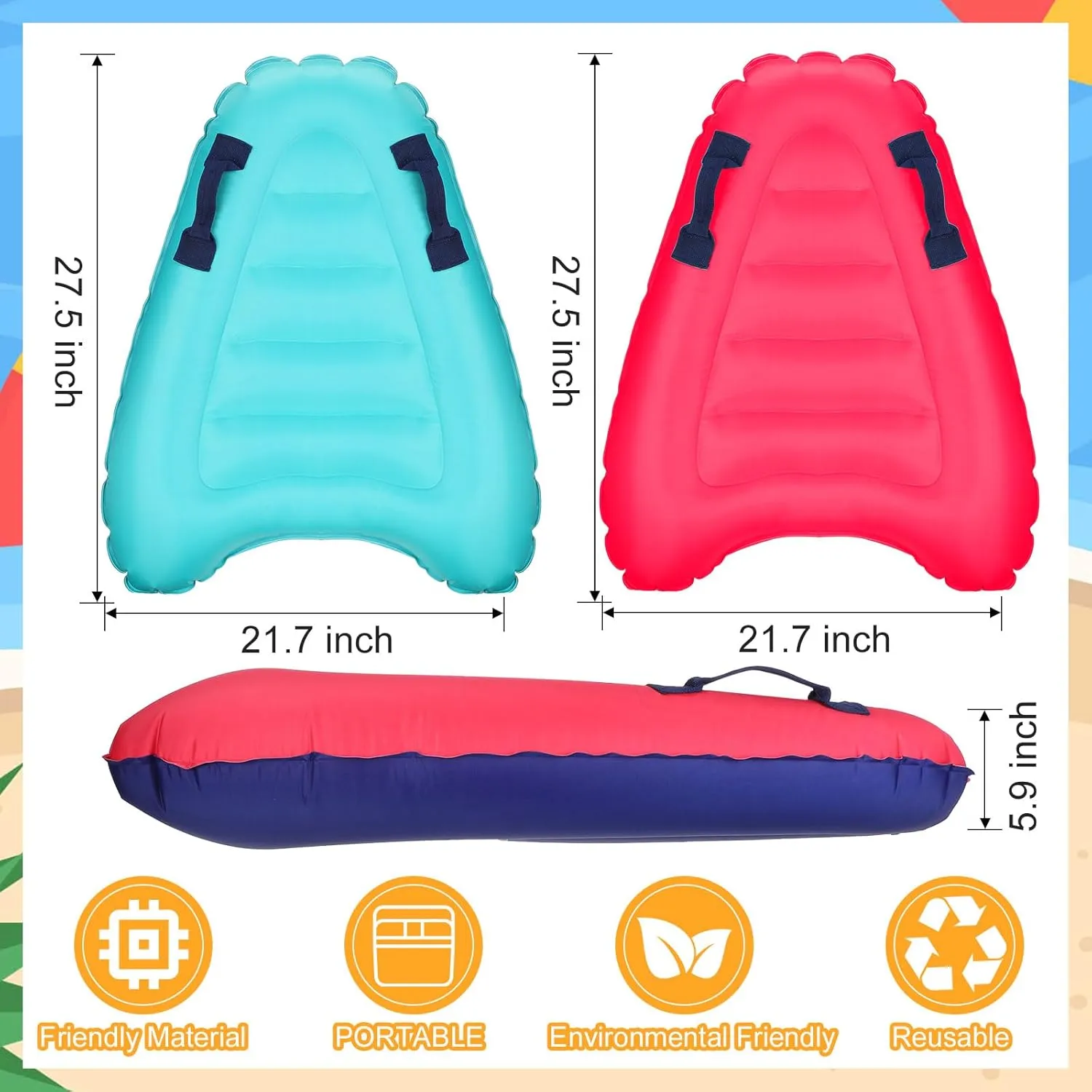 Leitee 2Pcs Inflatable Surf Body Board with Handles, Inflatable Surfboard for Beach Lightweight Swim Floating Surfboard for Kids Learning Surfing, 27.5"x21.7"x5.9"