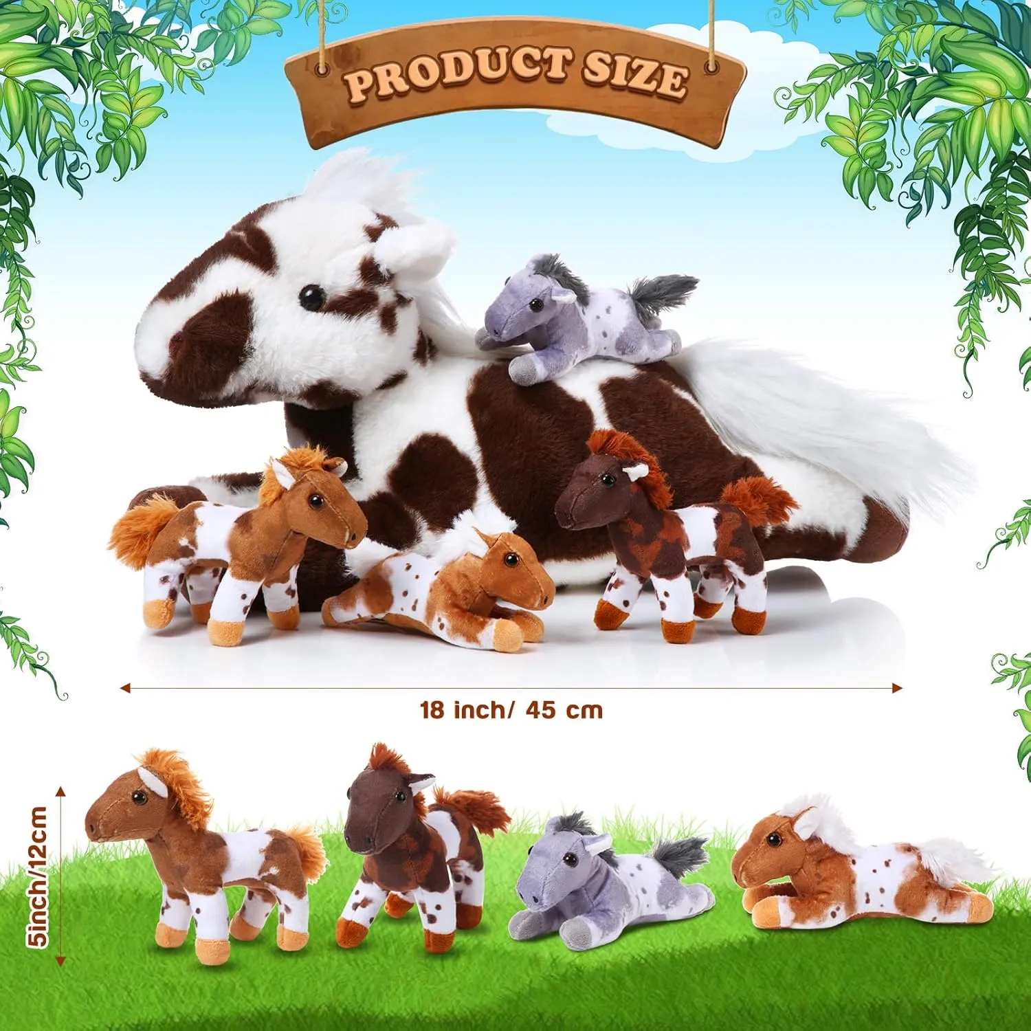 Lenwen 5 Pcs Horse Stuffed Animals Large Mommy Horse Plush with 4 Cute Babies in Zippered Belly Nurturing Plushie Toy Set for Birthday Gift Derby Party Favors(Lively)