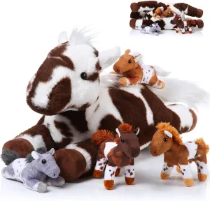 Lenwen 5 Pcs Horse Stuffed Animals Large Mommy Horse Plush with 4 Cute Babies in Zippered Belly Nurturing Plushie Toy Set for Birthday Gift Derby Party Favors(Lively)