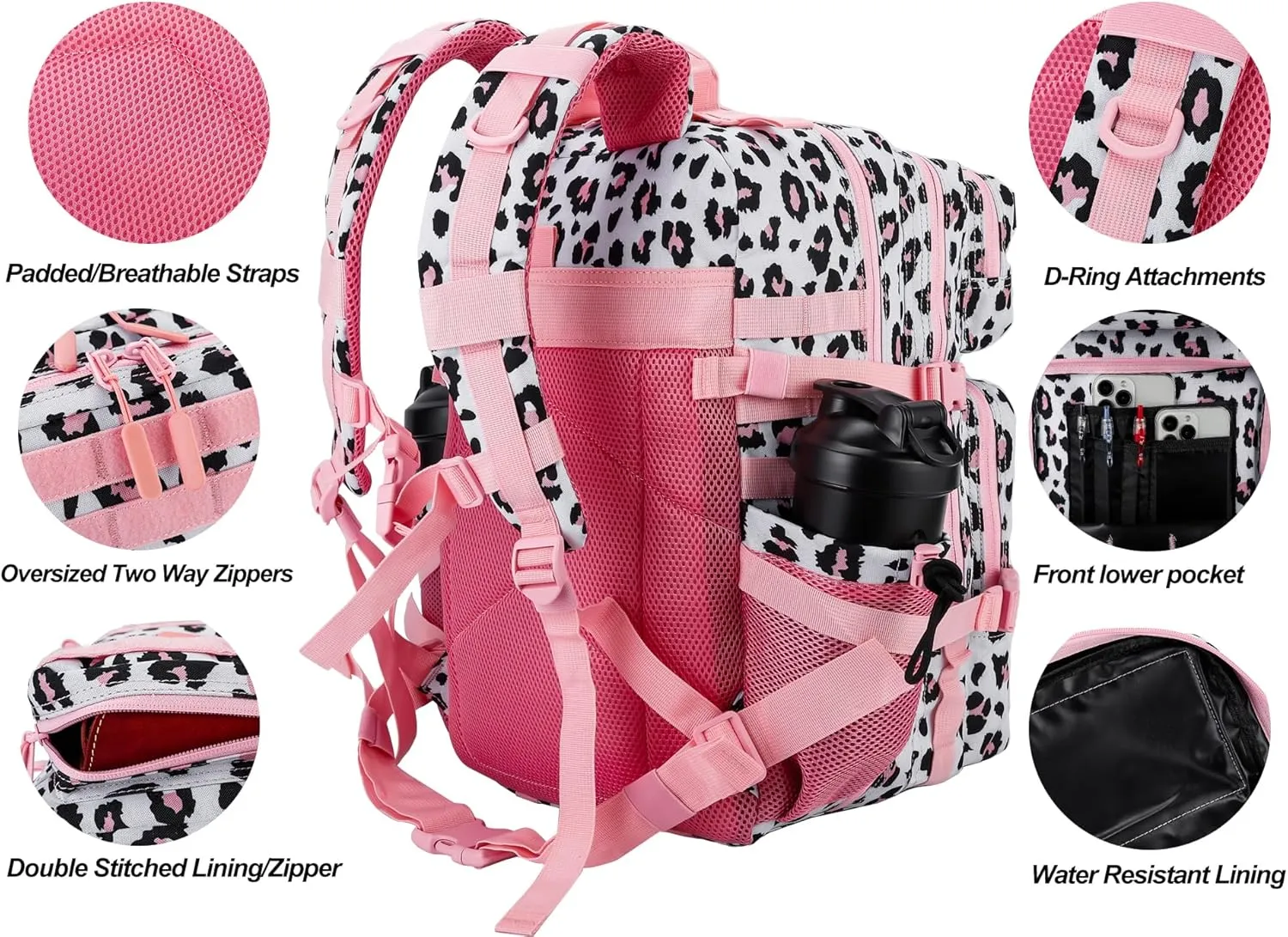 LHI Military Tactical Backpack for Men and Women 45L Army 3 Days Assault Pack Bag Large Rucksack with Molle System - Pink Leopard