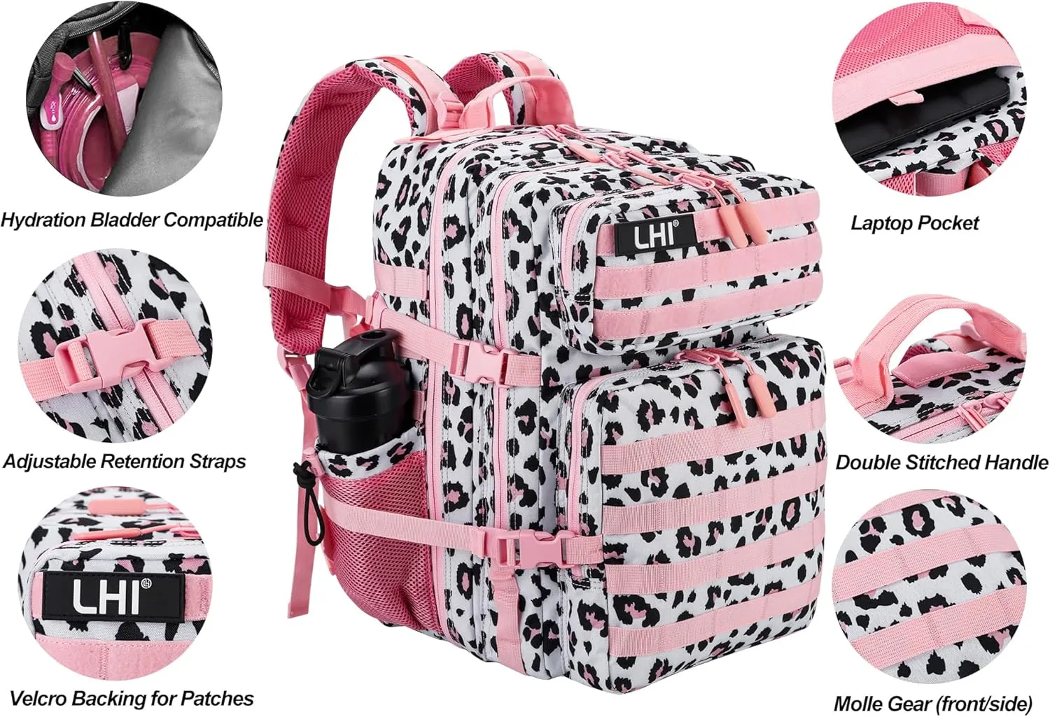 LHI Military Tactical Backpack for Men and Women 45L Army 3 Days Assault Pack Bag Large Rucksack with Molle System - Pink Leopard