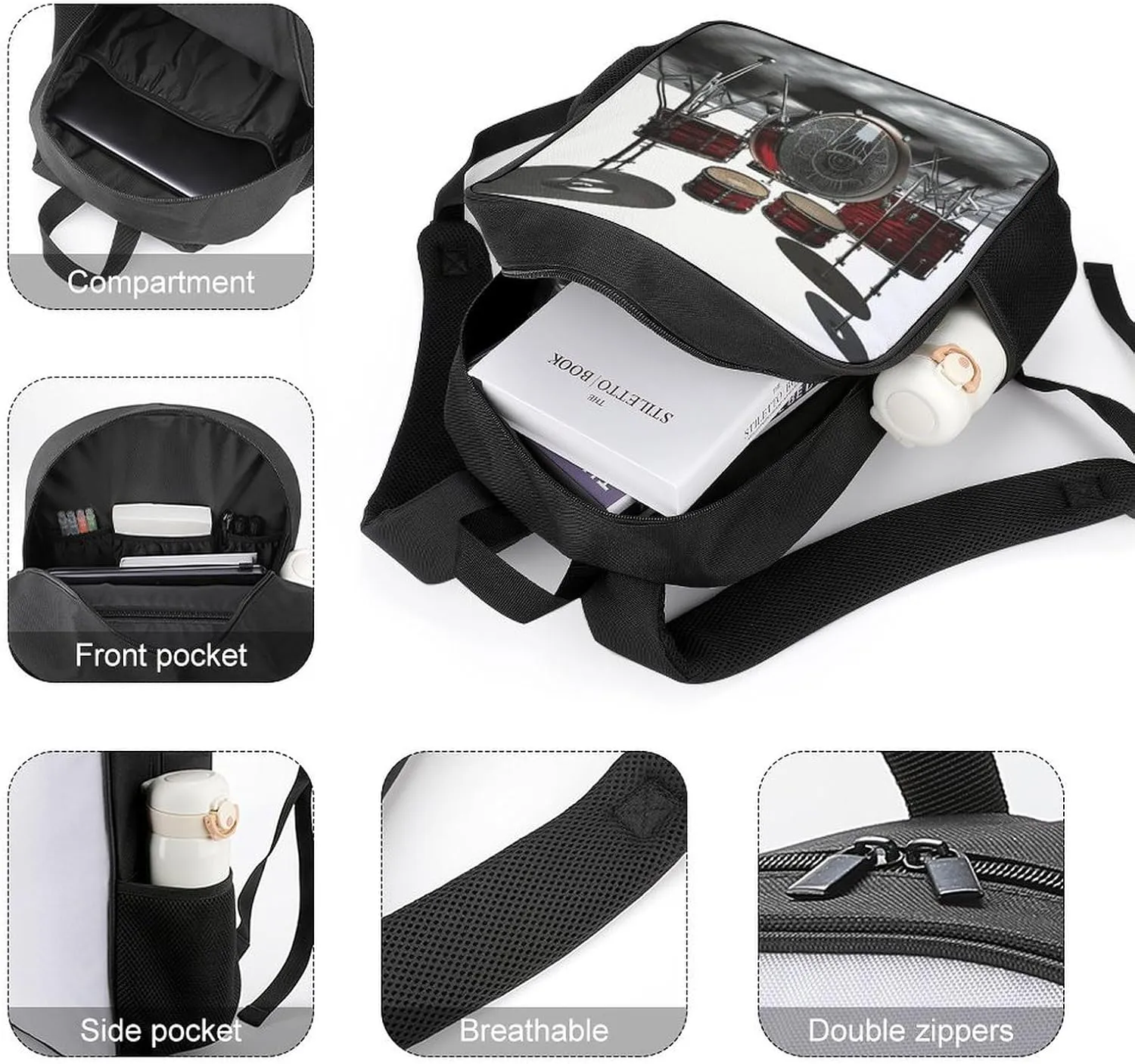 Lightweight Backpacks Cute Travel Bag Durable Cool Drum Set Printing Small Travel Backpack For Women & Men
