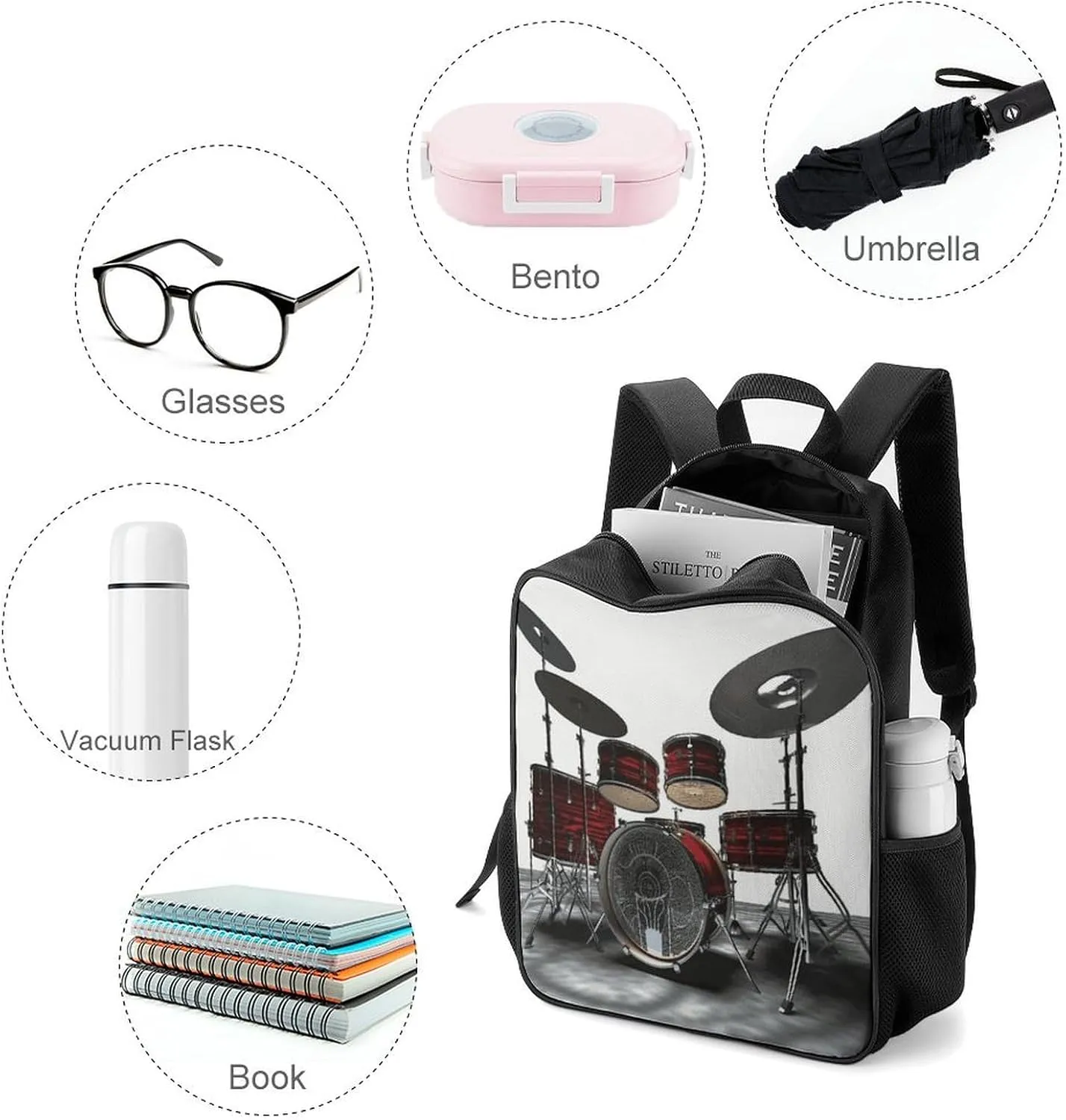 Lightweight Backpacks Cute Travel Bag Durable Cool Drum Set Printing Small Travel Backpack For Women & Men