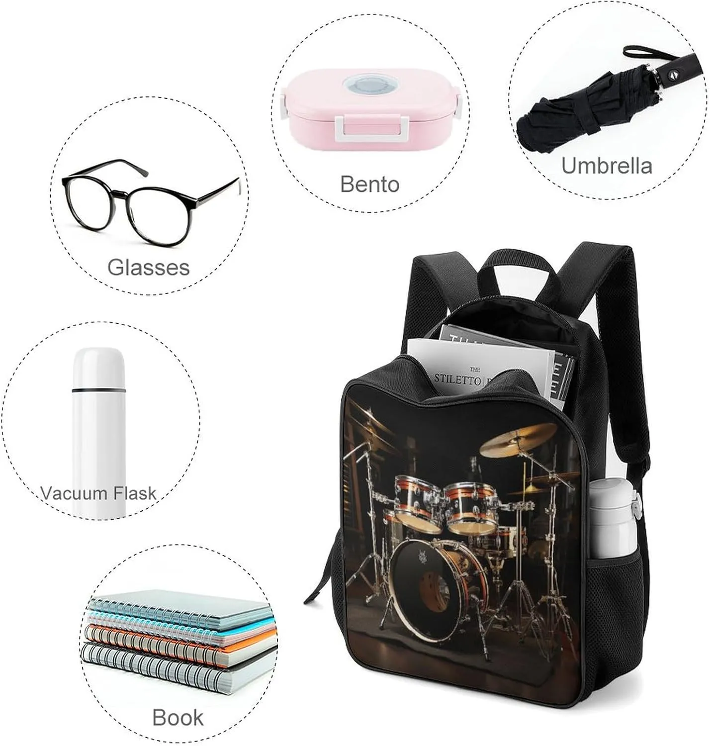 Lightweight Backpacks Cute Travel Bag Durable Drum Set Printing Small Travel Backpack For Women & Men