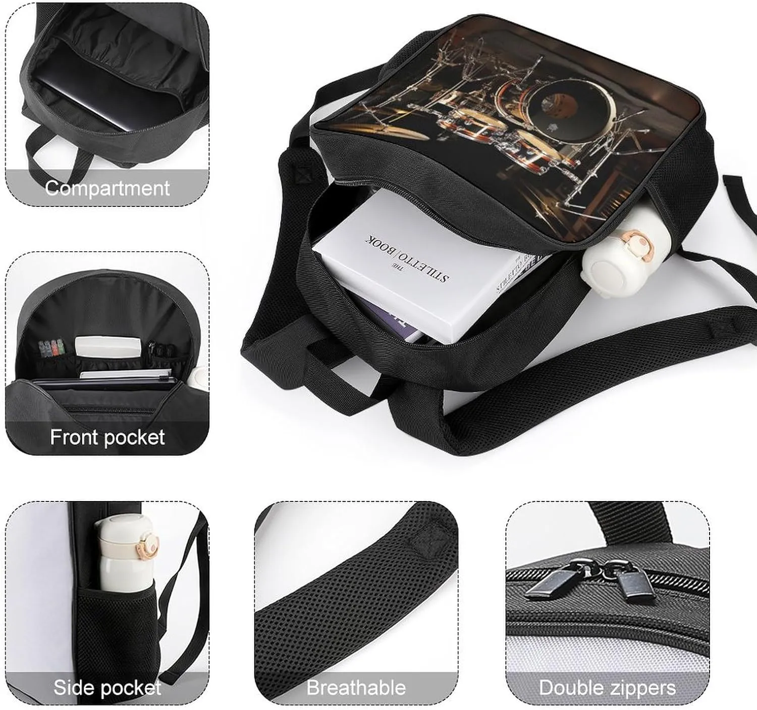 Lightweight Backpacks Cute Travel Bag Durable Drum Set Printing Small Travel Backpack For Women & Men