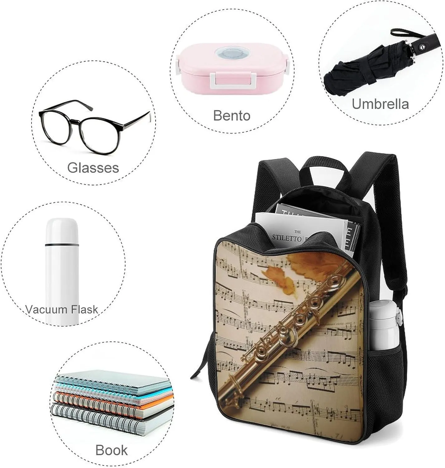 Lightweight Backpacks Cute Travel Bag Durable Flute Music Printing Small Travel Backpack For Women & Men