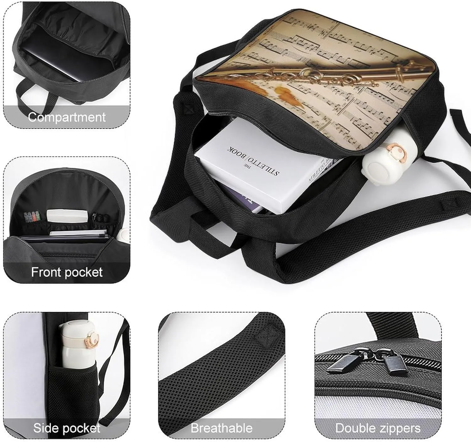 Lightweight Backpacks Cute Travel Bag Durable Flute Music Printing Small Travel Backpack For Women & Men