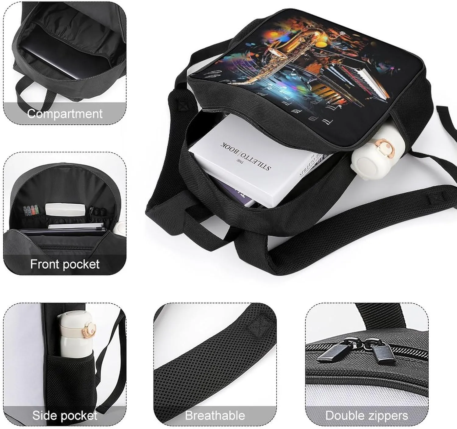 Lightweight Backpacks Cute Travel Bag Durable Saxophone And Piano Printing Small Travel Backpack For Women & Men